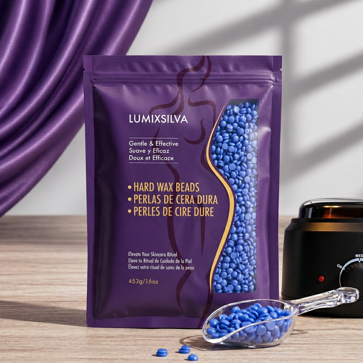 Lumixsilva Azulene Blue Hard Wax Beads with Wax Warmer for At-Home Hair Removal