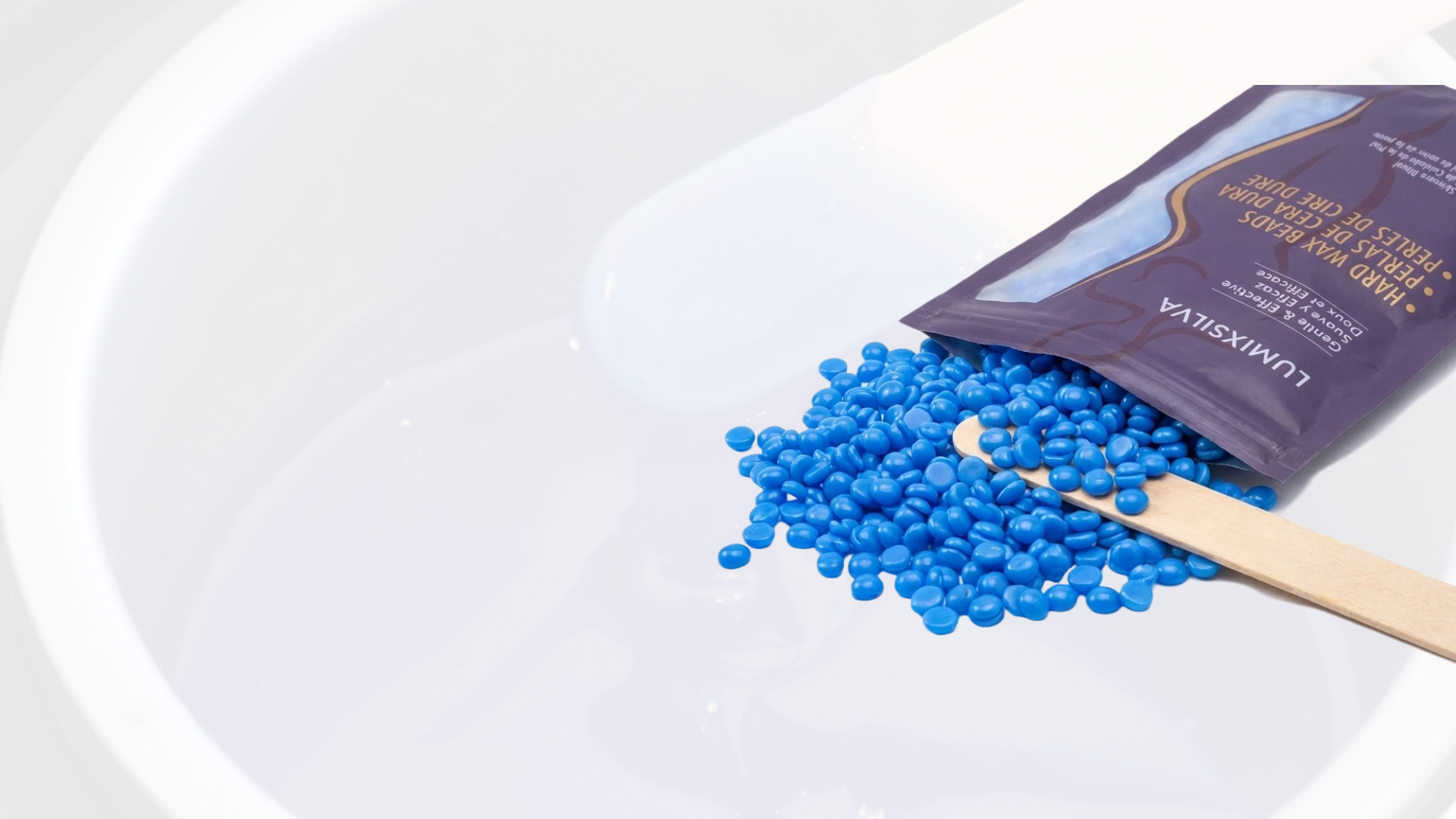 Lumixsilva blue hard wax beads and wooden spatula – strip-free hard wax beads for Brazilian bikini, face and body hair removal