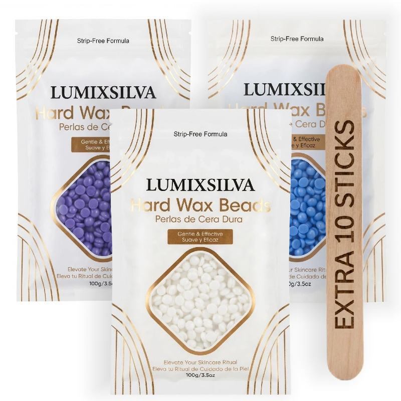 Lumixsilva Hard Wax Beads Trio 300g set with lavender, chamomile and coconut wax beads plus 10 extra waxing sticks